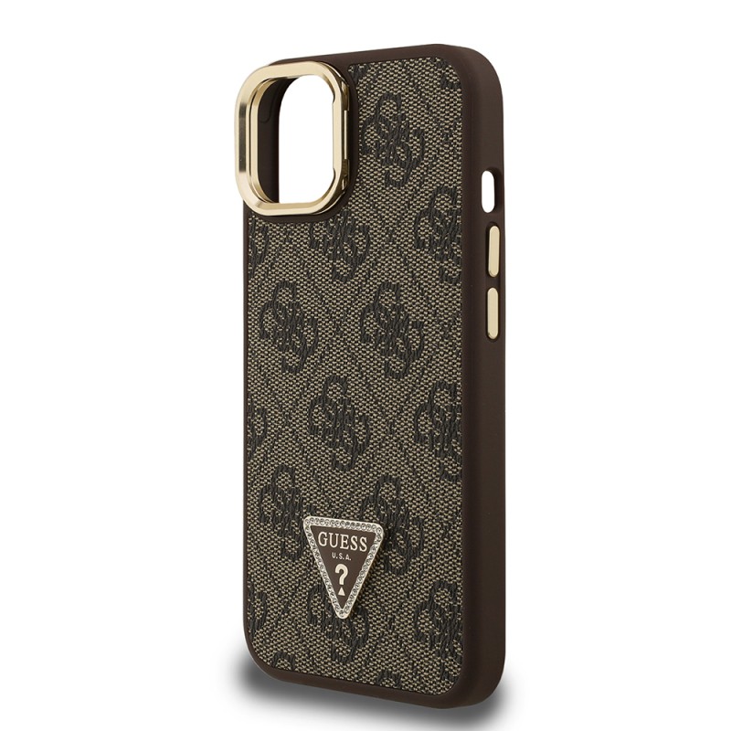 Apple iPhone 15 Case Guess Original Licensed PU Leather Stone Triangle Logo 4G Patterned Camera Stand Cover - 23