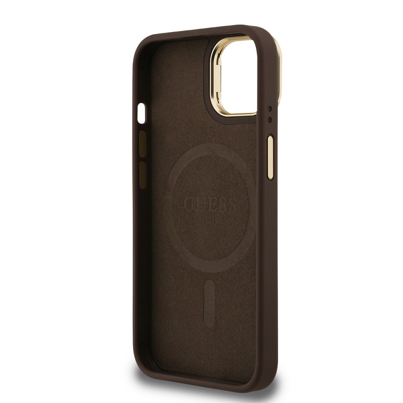 Apple iPhone 15 Case Guess Original Licensed PU Leather Stone Triangle Logo 4G Patterned Camera Stand Cover - 24
