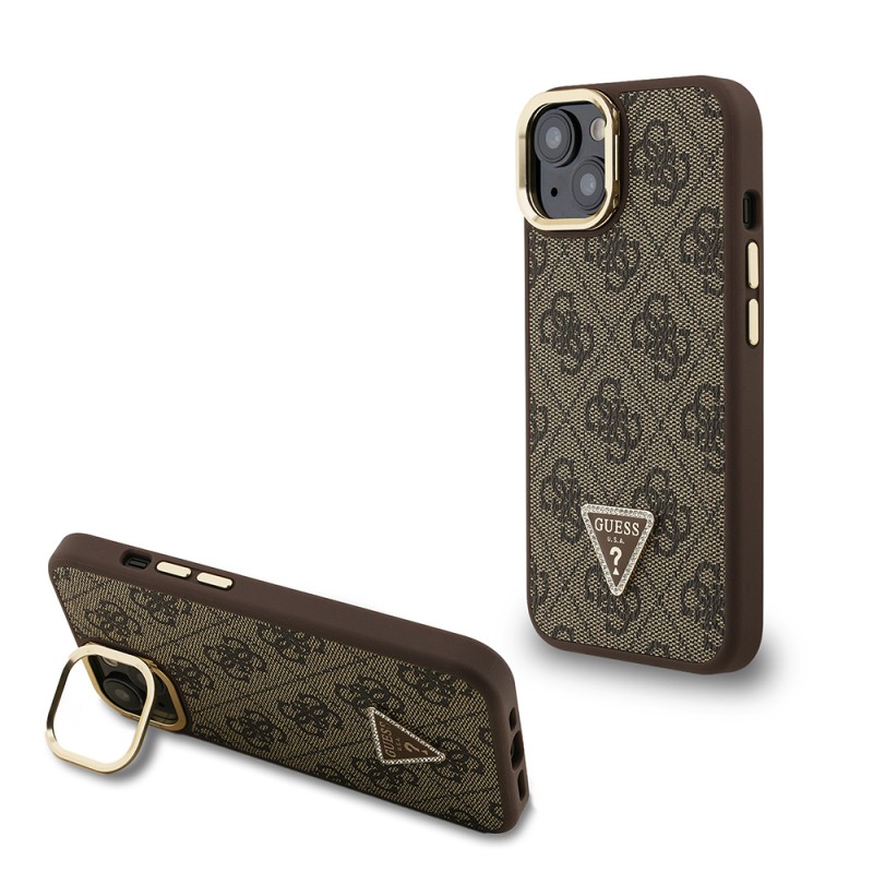 Apple iPhone 15 Case Guess Original Licensed PU Leather Stone Triangle Logo 4G Patterned Camera Stand Cover - 4