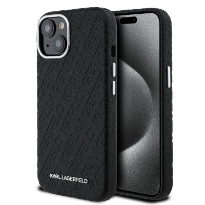 Apple iPhone 15 Case Karl Lagerfeld Original Licensed PU Leather Stamped Metal Letter Logo Cover - 1