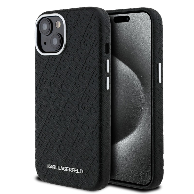 Apple iPhone 15 Case Karl Lagerfeld Original Licensed PU Leather Stamped Metal Letter Logo Cover - 2