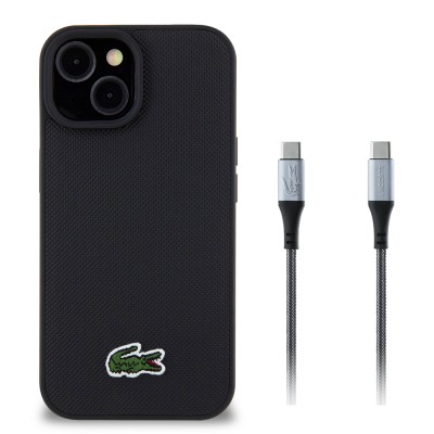 Apple iPhone 15 Case Lacoste Original Licensed PU Pique Patterned Back Surface Iconic Crocodile Woven Logo Cover + Type-C Cable 1.5m - 2