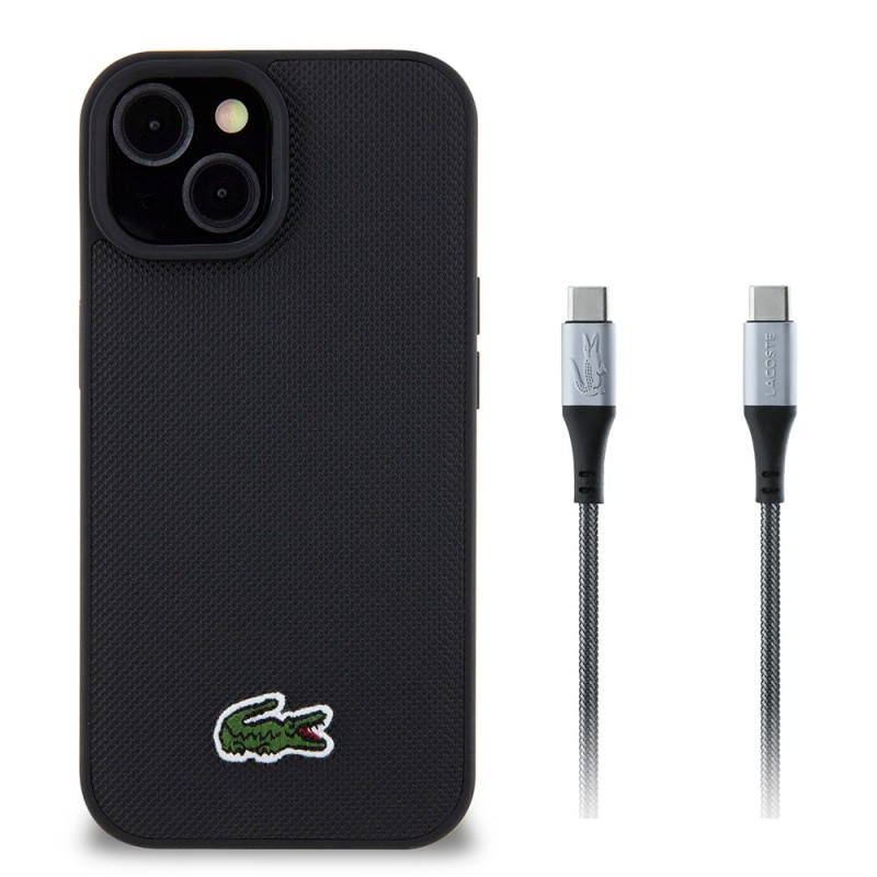 Apple iPhone 15 Case Lacoste Original Licensed PU Pique Patterned Back Surface Iconic Crocodile Woven Logo Cover + Type-C Cable 1.5m - 2
