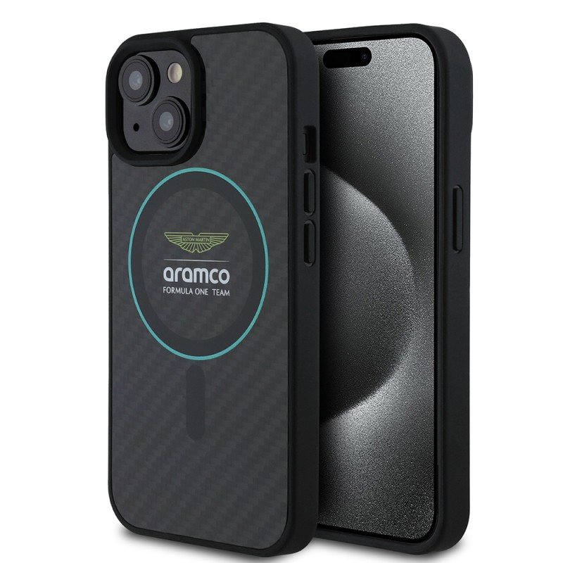 Apple iPhone 15 Kılıf Aston Martin Orjinal Lisanslı M-safe Şarj Özellikli Renkli Halka ve Karbon Fiber Tasarımlı Kapak - 1