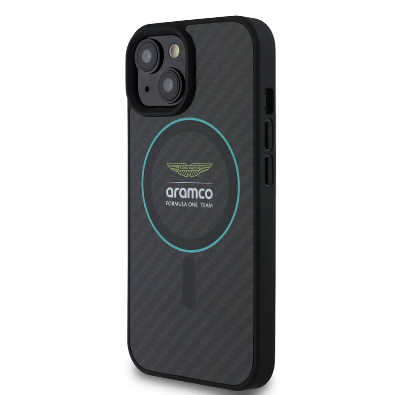 Apple iPhone 15 Kılıf Aston Martin Orjinal Lisanslı M-safe Şarj Özellikli Renkli Halka ve Karbon Fiber Tasarımlı Kapak - 3