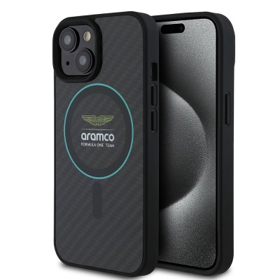 Apple iPhone 15 Kılıf Aston Martin Orjinal Lisanslı M-safe Şarj Özellikli Renkli Halka ve Karbon Fiber Tasarımlı Kapak Siyah-Yeşil