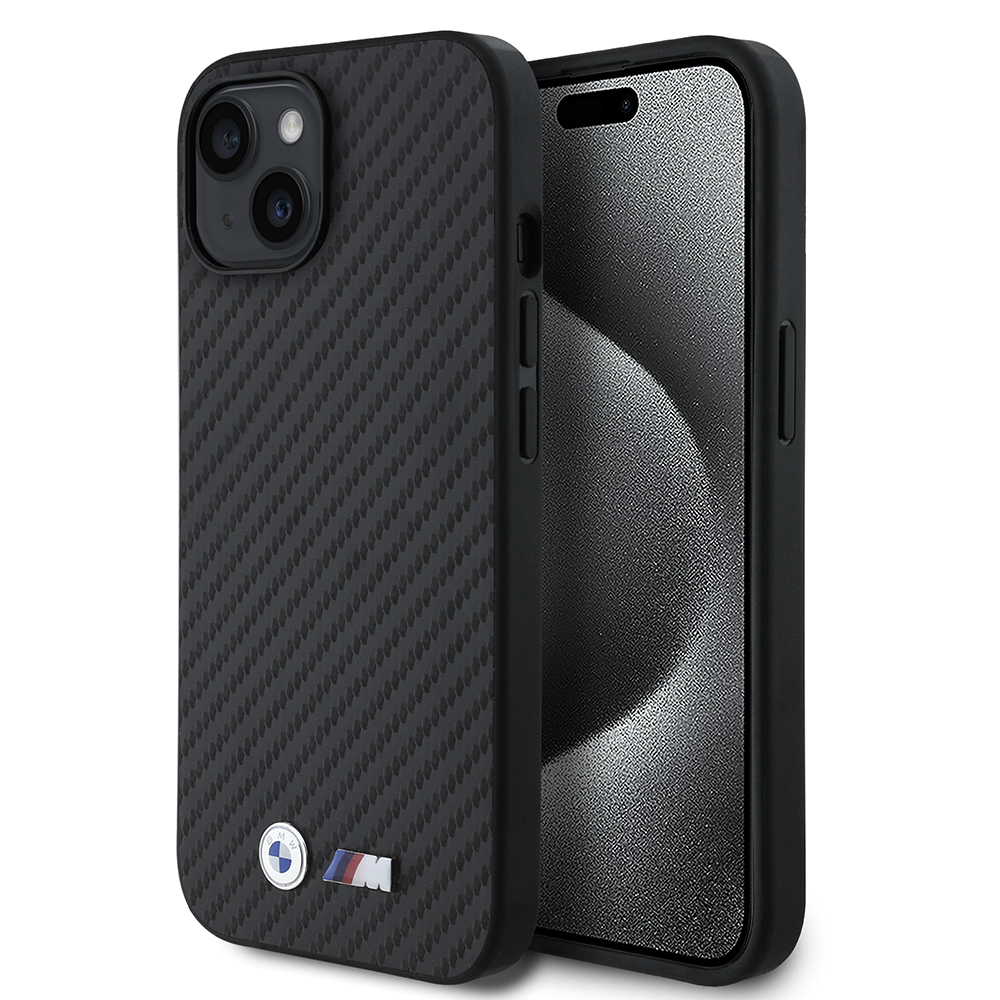 Apple iPhone 15 Kılıf BMW Orjinal Lisanslı Karbon Fiber Tasarımlı ve Metal Logolu PU Deri Kapak - Siyah