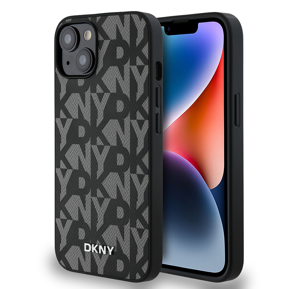 Apple iPhone 15 Kılıf DKNY Orjinal Lisanslı M-safe Şarj Özellikli 3D Yazılı Grid Pattern Kapak - Gri