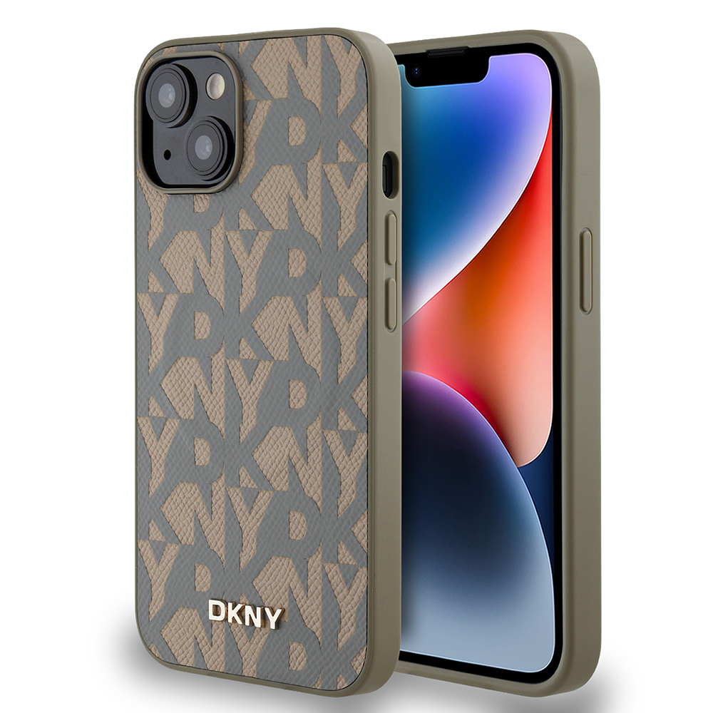 Apple iPhone 15 Kılıf DKNY Orjinal Lisanslı M-safe Şarj Özellikli 3D Yazılı Grid Pattern Kapak - Kahverengi