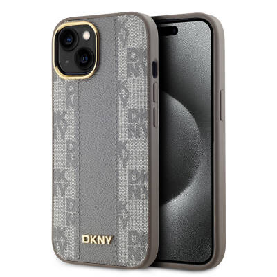 Apple iPhone 15 Kılıf DKNY Orjinal Lisanslı M-safe Şarj Özellikli 3D Yazılı Checkered Pattern Kapak - DKNY