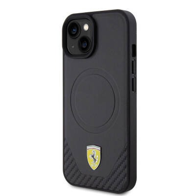 Apple iPhone 15 Kılıf Ferrari Orjinal Lisanslı M-safe Şarj Özellikli Metal Logolu PU Karbon Kapak - 2