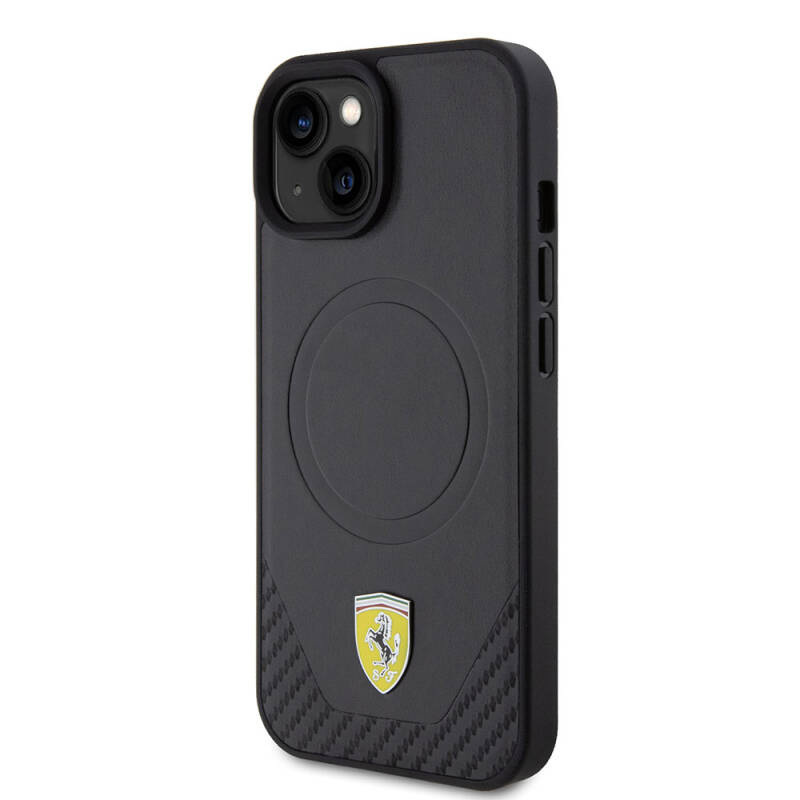Apple iPhone 15 Kılıf Ferrari Orjinal Lisanslı M-safe Şarj Özellikli Metal Logolu PU Karbon Kapak - 2