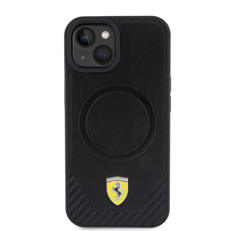Apple iPhone 15 Kılıf Ferrari Orjinal Lisanslı M-safe Şarj Özellikli Metal Logolu PU Karbon Kapak - 3