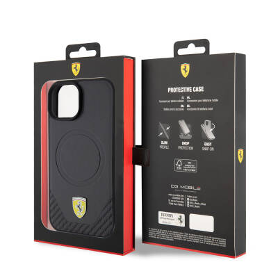 Apple iPhone 15 Kılıf Ferrari Orjinal Lisanslı M-safe Şarj Özellikli Metal Logolu PU Karbon Kapak - 8