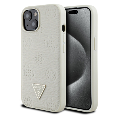Apple iPhone 15 Kılıf Guess Orjinal Lisanslı M-safe Şarj Özellikli Sıcak Baskılı Üçgen Logolu PU Deri Peony Kapak - Guess