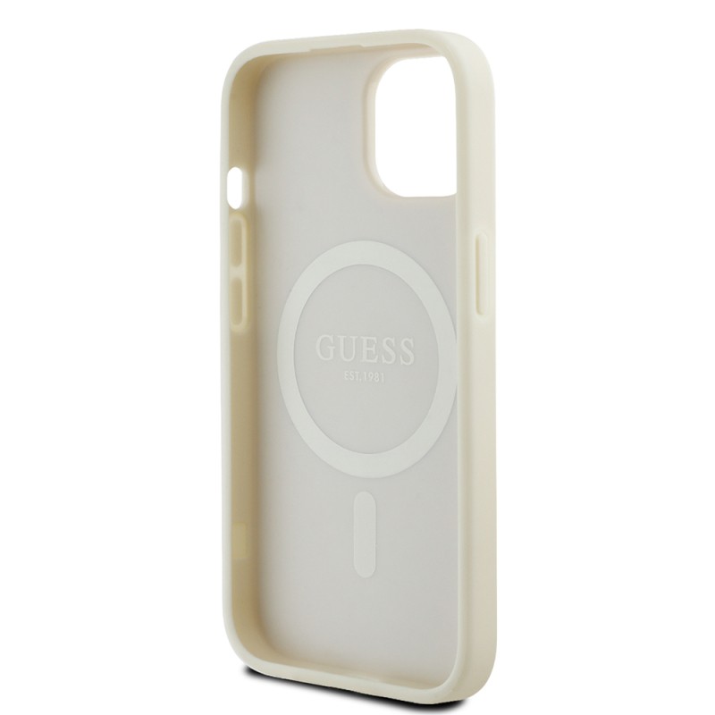 Apple iPhone 15 Kılıf Guess Orjinal Lisanslı M-safe Şarj Özellikli Sıcak Baskılı Üçgen Logolu PU Deri Peony Kapak - 10
