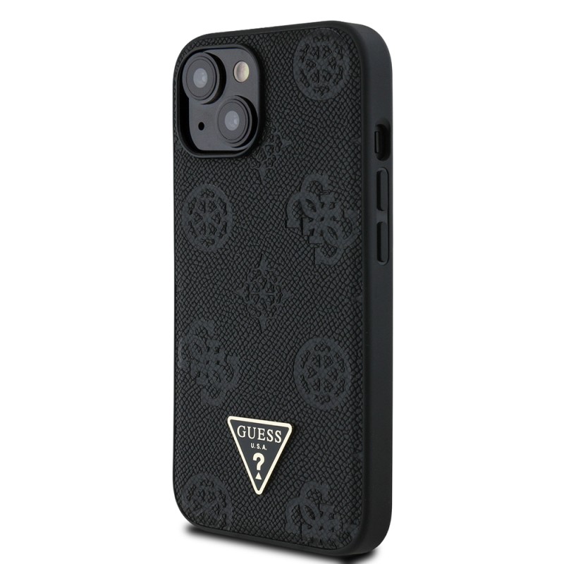 Apple iPhone 15 Kılıf Guess Orjinal Lisanslı M-safe Şarj Özellikli Sıcak Baskılı Üçgen Logolu PU Deri Peony Kapak - 12