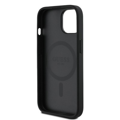 Apple iPhone 15 Kılıf Guess Orjinal Lisanslı M-safe Şarj Özellikli Sıcak Baskılı Üçgen Logolu PU Deri Peony Kapak - 17