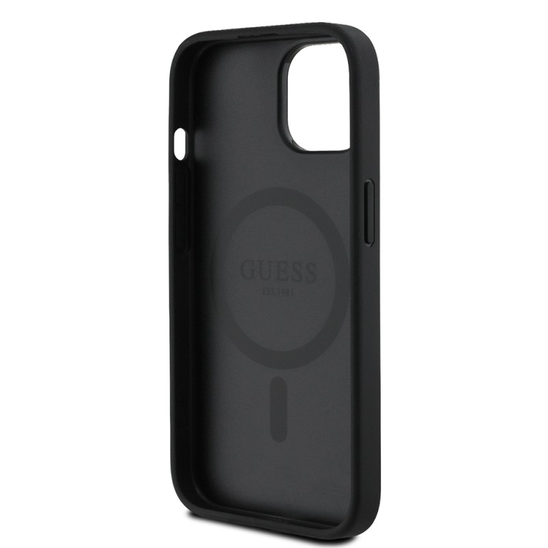 Apple iPhone 15 Kılıf Guess Orjinal Lisanslı M-safe Şarj Özellikli Sıcak Baskılı Üçgen Logolu PU Deri Peony Kapak - 17