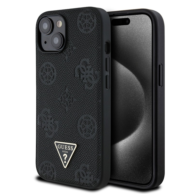 Apple iPhone 15 Kılıf Guess Orjinal Lisanslı M-safe Şarj Özellikli Sıcak Baskılı Üçgen Logolu PU Deri Peony Kapak - 3