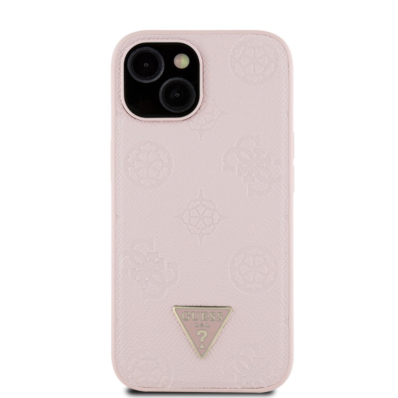 Apple iPhone 15 Kılıf Guess Orjinal Lisanslı M-safe Şarj Özellikli Sıcak Baskılı Üçgen Logolu PU Deri Peony Kapak - 20