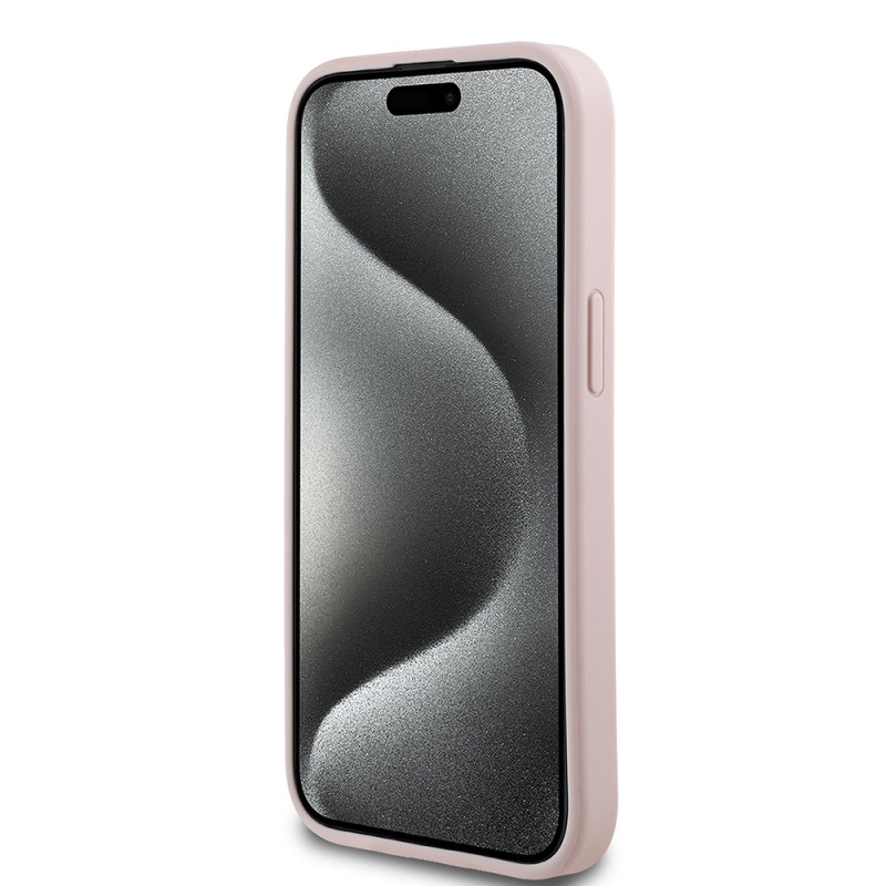 Apple iPhone 15 Kılıf Guess Orjinal Lisanslı M-safe Şarj Özellikli Sıcak Baskılı Üçgen Logolu PU Deri Peony Kapak - 22
