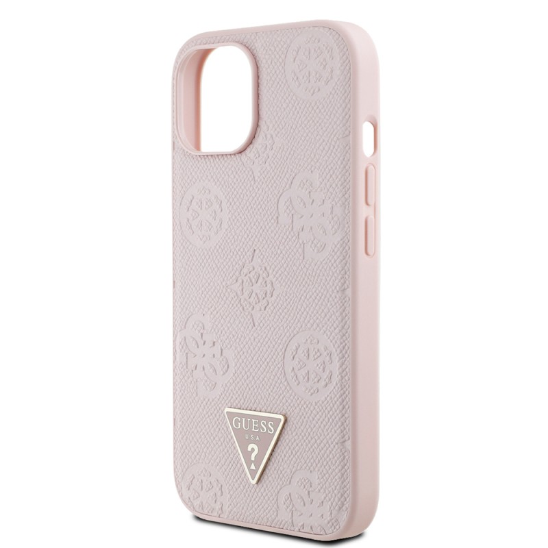 Apple iPhone 15 Kılıf Guess Orjinal Lisanslı M-safe Şarj Özellikli Sıcak Baskılı Üçgen Logolu PU Deri Peony Kapak - 23