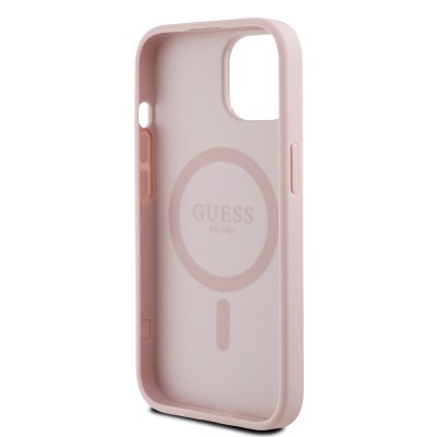 Apple iPhone 15 Kılıf Guess Orjinal Lisanslı M-safe Şarj Özellikli Sıcak Baskılı Üçgen Logolu PU Deri Peony Kapak - 24