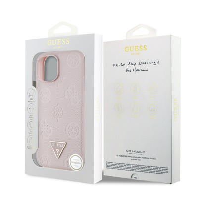 Apple iPhone 15 Kılıf Guess Orjinal Lisanslı M-safe Şarj Özellikli Sıcak Baskılı Üçgen Logolu PU Deri Peony Kapak - 25