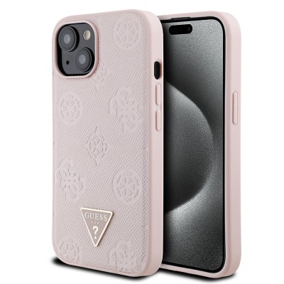 Apple iPhone 15 Kılıf Guess Orjinal Lisanslı M-safe Şarj Özellikli Sıcak Baskılı Üçgen Logolu PU Deri Peony Kapak - 4