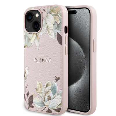 Apple iPhone 15 Kılıf Guess Orjinal Lisanslı M-safe Şarj Özellikli Taneli Çiçek Tasarımlı Metal Yazı Logolu Kapak - Guess
