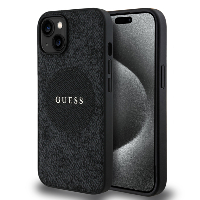 Apple iPhone 15 Kılıf Guess Orjinal Lisanslı M-safe Şarj Özellikli Yazı Logolu Circle Classic Kapak - Guess