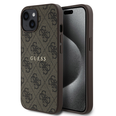 Apple iPhone 15 Kılıf Guess Orjinal Lisanslı M-safe Şarj Özellikli 4G Desen Yazı Logolu Kapak - Guess