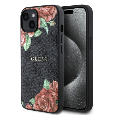 Apple iPhone 15 Kılıf Guess Orjinal Lisanslı M-safe Şarj Özellikli Gül Baskılı 4G Desenli Yazı Logolu Kapak - Guess