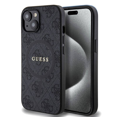 Apple iPhone 15 Kılıf Guess Orjinal Lisanslı M-safe Şarj Özellikli PU Halkalı 4G Desenli Yazı Logolu Kapak - Guess