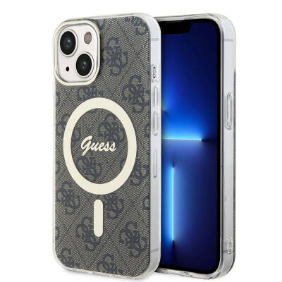 Apple iPhone 15 Kılıf Guess Orjinal Lisanslı M-safe Şarj Özellikli Yazı Logolu 4G Desenli Kapak - Guess