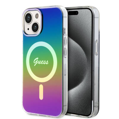 Apple iPhone 15 Kılıf Guess Orjinal Lisanslı M-safe Şarj Özellikli Yazı Logolu Iridescent Kapak - Guess