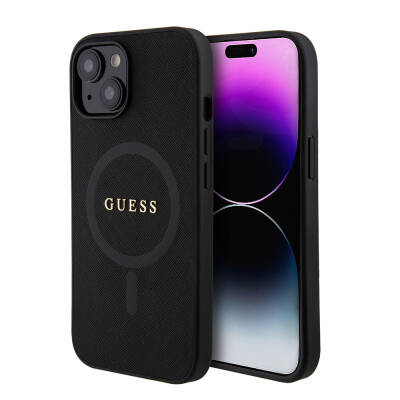 Apple iPhone 15 Kılıf Guess Orjinal Lisanslı M-safe Şarj Özellikli Yazı Logolu Saffiano Kapak - Guess