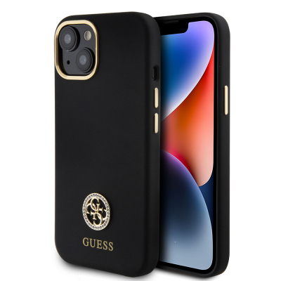 Apple iPhone 15 Kılıf Guess Orjinal Lisanslı Yazı ve Taşlı 4G Logolu Metal Kamera Çerçeveli Silikon Kapak - Guess