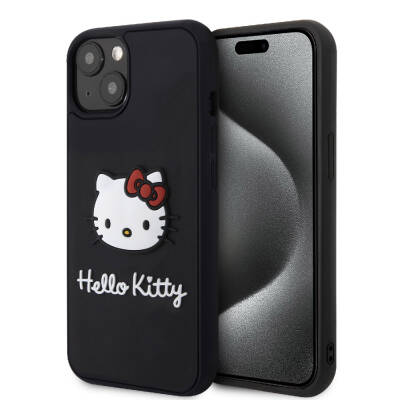 Apple iPhone 15 Kılıf Hello Kitty Orjinal Lisanslı Yazı ve İkonik Logolu 3D Rubber Kitty Head Kapak - Hello Kitty