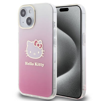 Apple iPhone 15 Kılıf Hello Kitty Orjinal Lisanslı Yazı ve İkonik Logolu Elektroplating Kaplama Gradyan Kapak - Hello Kitty