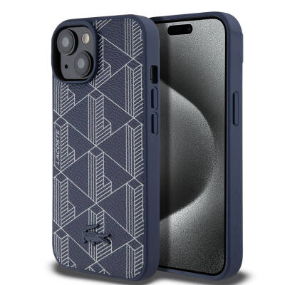 Apple iPhone 15 Kılıf Lacoste Orjinal Lisanslı M-safe Şarj Özellikli PU Deri Görünümlü Karışık Monogram Desenli Kapak - Lacoste