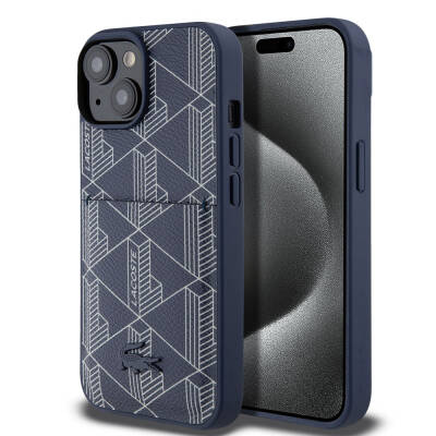 Apple iPhone 15 Kılıf Lacoste Orjinal Lisanslı M-safe Şarj Özellikli PU Deri Görünümlü Kartlıklı Karışık Monogram Desenli Kapak - Lacoste