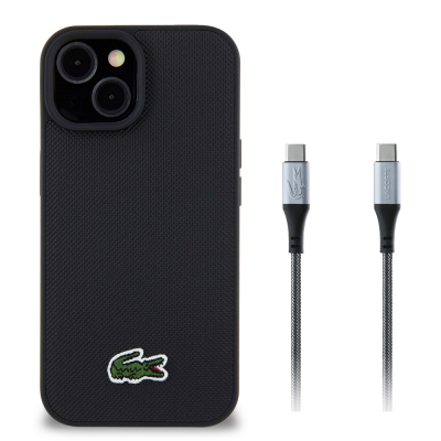 Apple iPhone 15 Kılıf Lacoste Orjinal Lisanslı PU Pike Desenli Arka Yüzey İkonik Timsah Dokuma Logolu Kapak + Type-C Kablo 1.5m - Lacoste