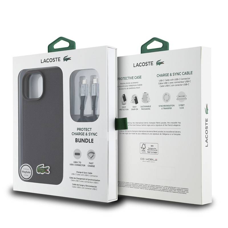 Apple iPhone 15 Kılıf Lacoste Orjinal Lisanslı PU Pike Desenli Arka Yüzey İkonik Timsah Dokuma Logolu Kapak + Type-C Kablo 1.5m - 9