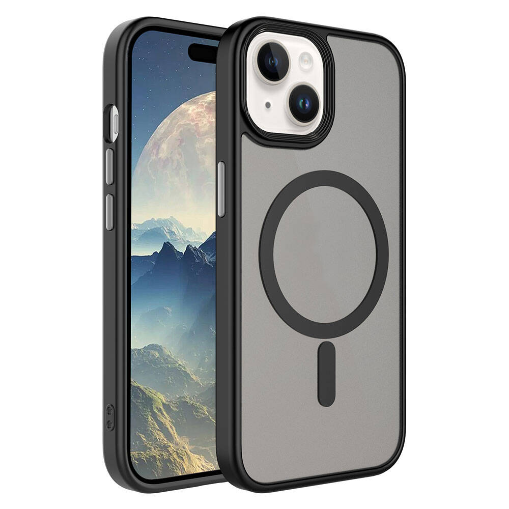 Apple iPhone 15 Kılıf Mat Arka Yüzey Wireless Şarj Özellikli Zore Flet M-safe Kapak - Siyah