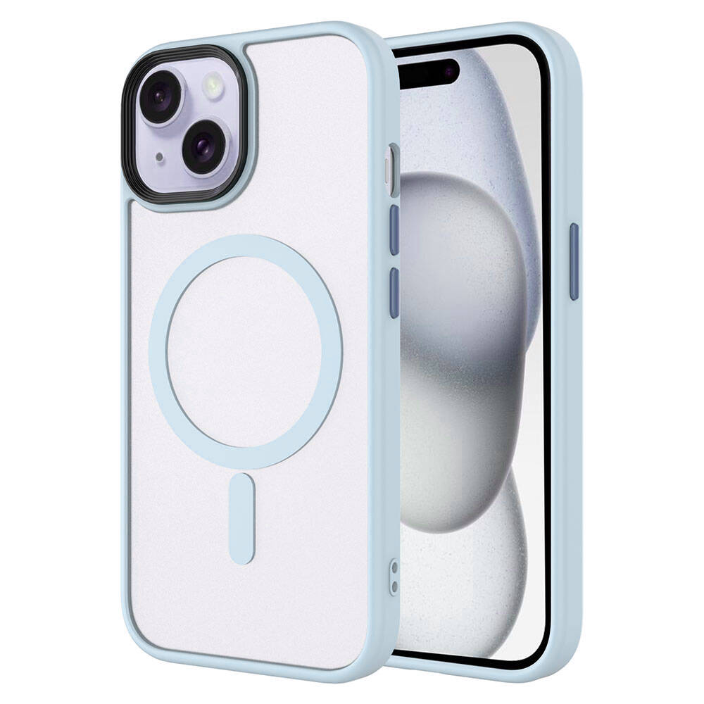 Apple iPhone 15 Kılıf Mat Arka Yüzey Wireless Şarj Özellikli Zore Flet M-safe Kapak - Mavi Açık