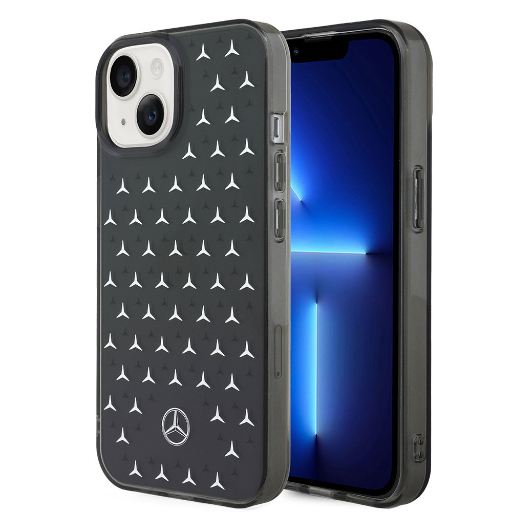 Apple iPhone 15 Kılıf Mercedes Benz Çift Katmanlı Yıldız Desenli Dizayn Kapak - Siyah-Gümüş