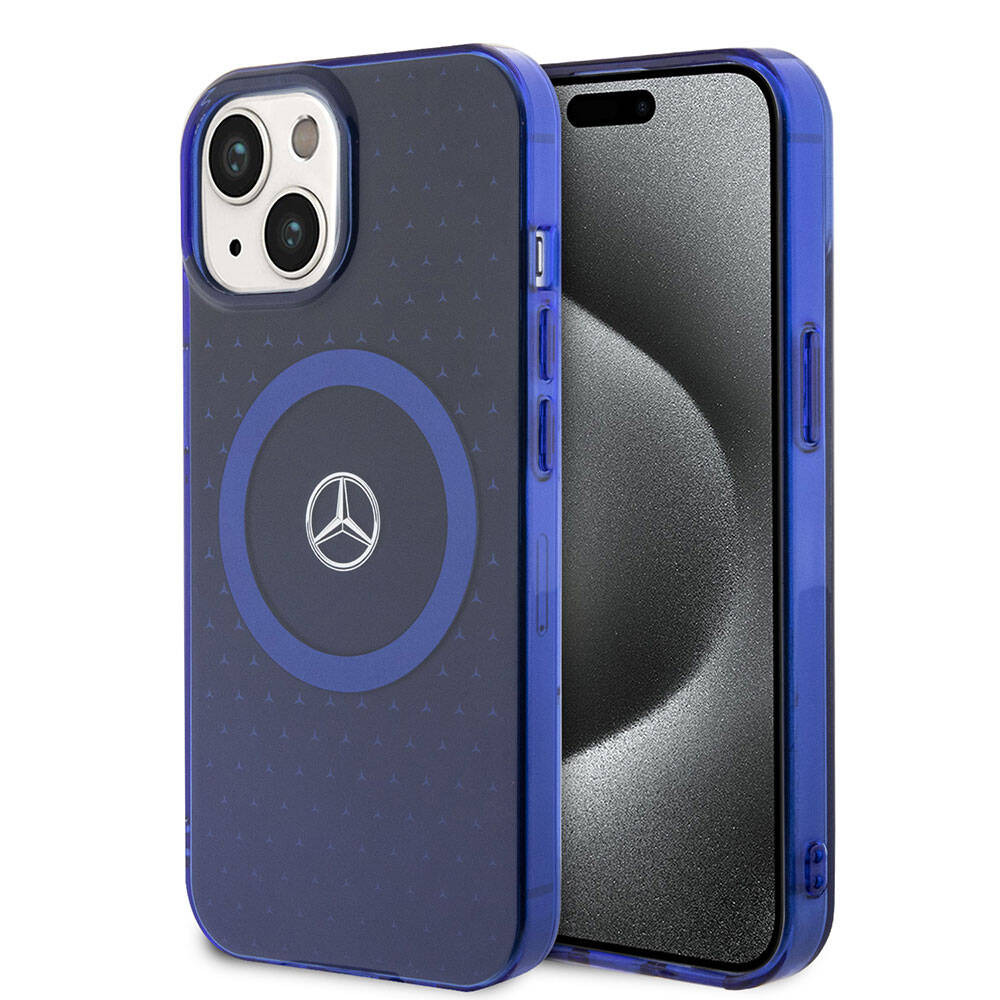 Apple iPhone 15 Kılıf Mercedes Benz Orjinal Lisanslı M-safe Şarj Özellikli Çift Katmanlı Mavi Yıldız Desenli Kapak - Mavi