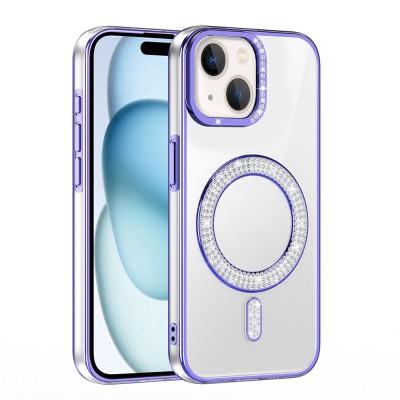 Apple iPhone 15 Kılıf Pırlanta Taş Tasarımlı M-safe Şarj Özellikli Zore Karetta Silikon Kapak - 12